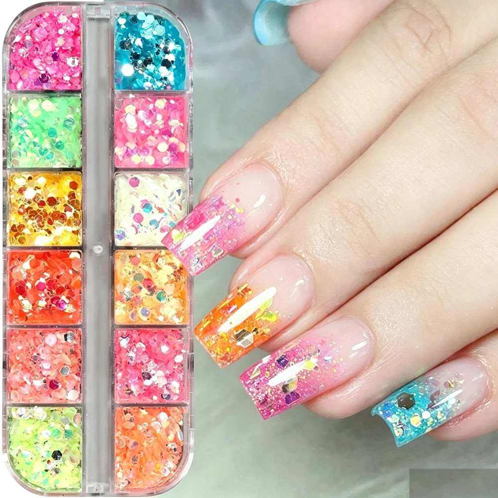 12Grid Aurora Chameleon Nail Glitter Flakes 3D Ultra-thin Holographic Hexagon Chunky Nail Sequins DIY Nail Makeup Paillettes Dec