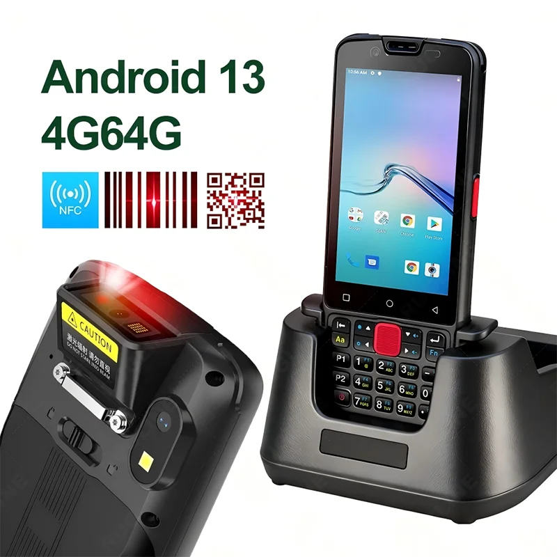 Android 13 4GB/64GB Handheld Rungged PDA 1D 2D QR Barcode Reader 4G WiFi BT POS Terminal Data Collector with 13.56 Mhz NFC RFID