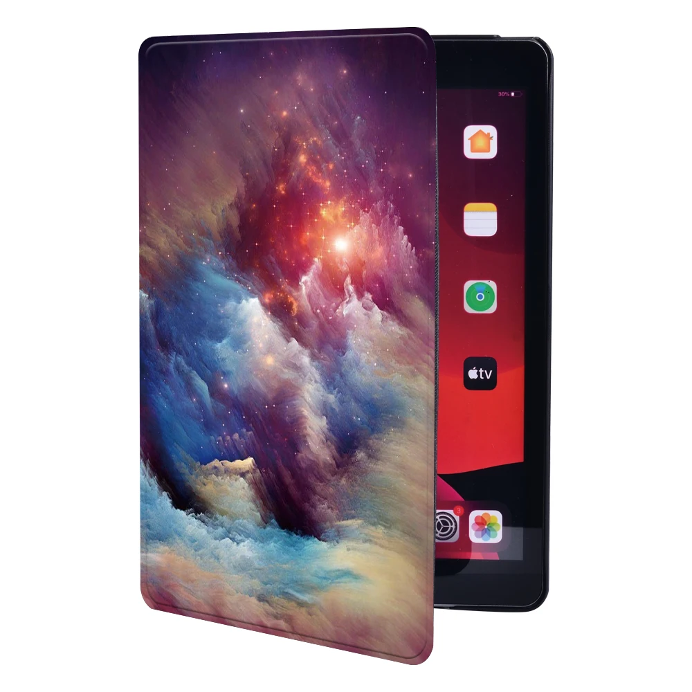 애플 iPad 10.2 인치 접이식 타블렛 케이스 9 세대 2021 인쇄 된 공간 패턴 플립 스탠드 쉘 커버 + 무료 스타일러스