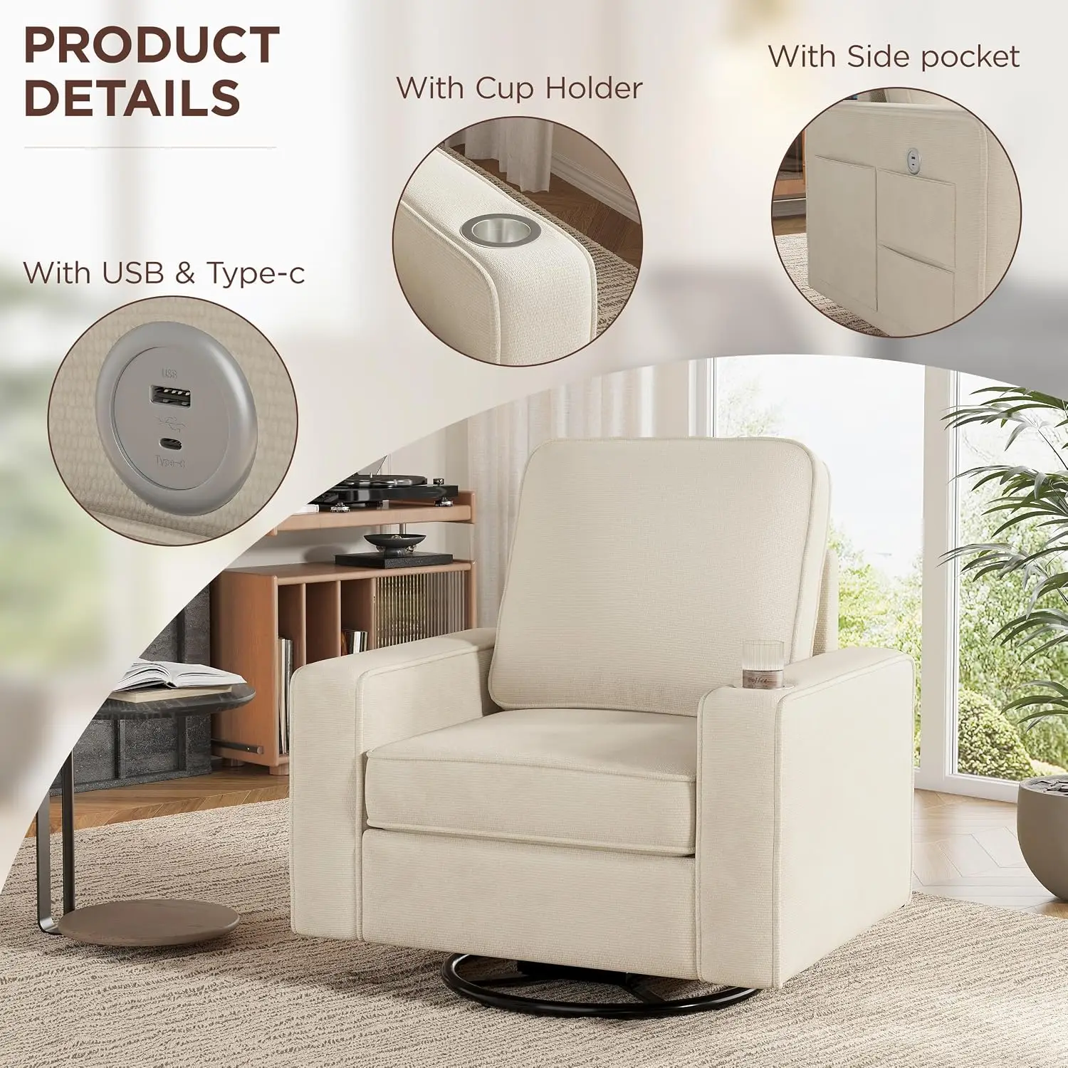 Swivel Accent Chair with Wide Armrests & 360° Rotation, Customized