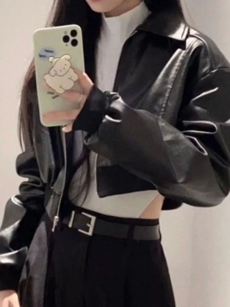 

Black Cropped Leather Jacket Women Punk Style Korean Long Sleeve Leather Jacket Female 2025 Summer High Street Fashion Moto Coat