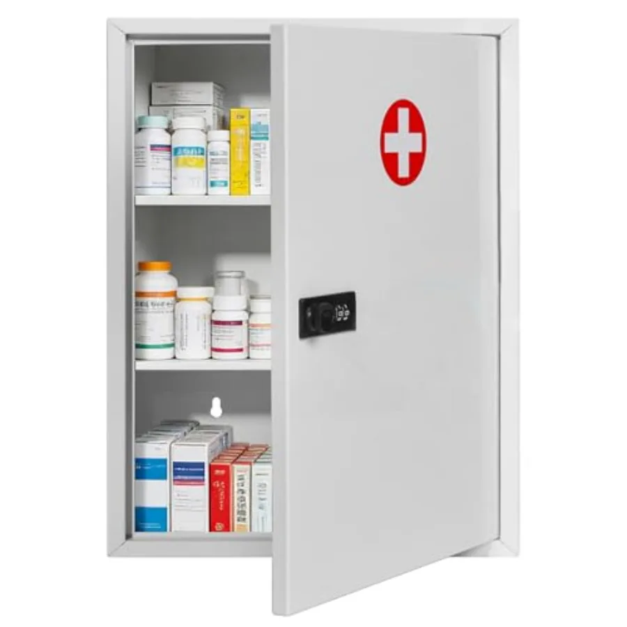

Wall Mount Medicine Cabinet with Combination Lock, Locking Medicine Cabinet, Locking First Aid Cabinet, Secure Steel Wall Cabin