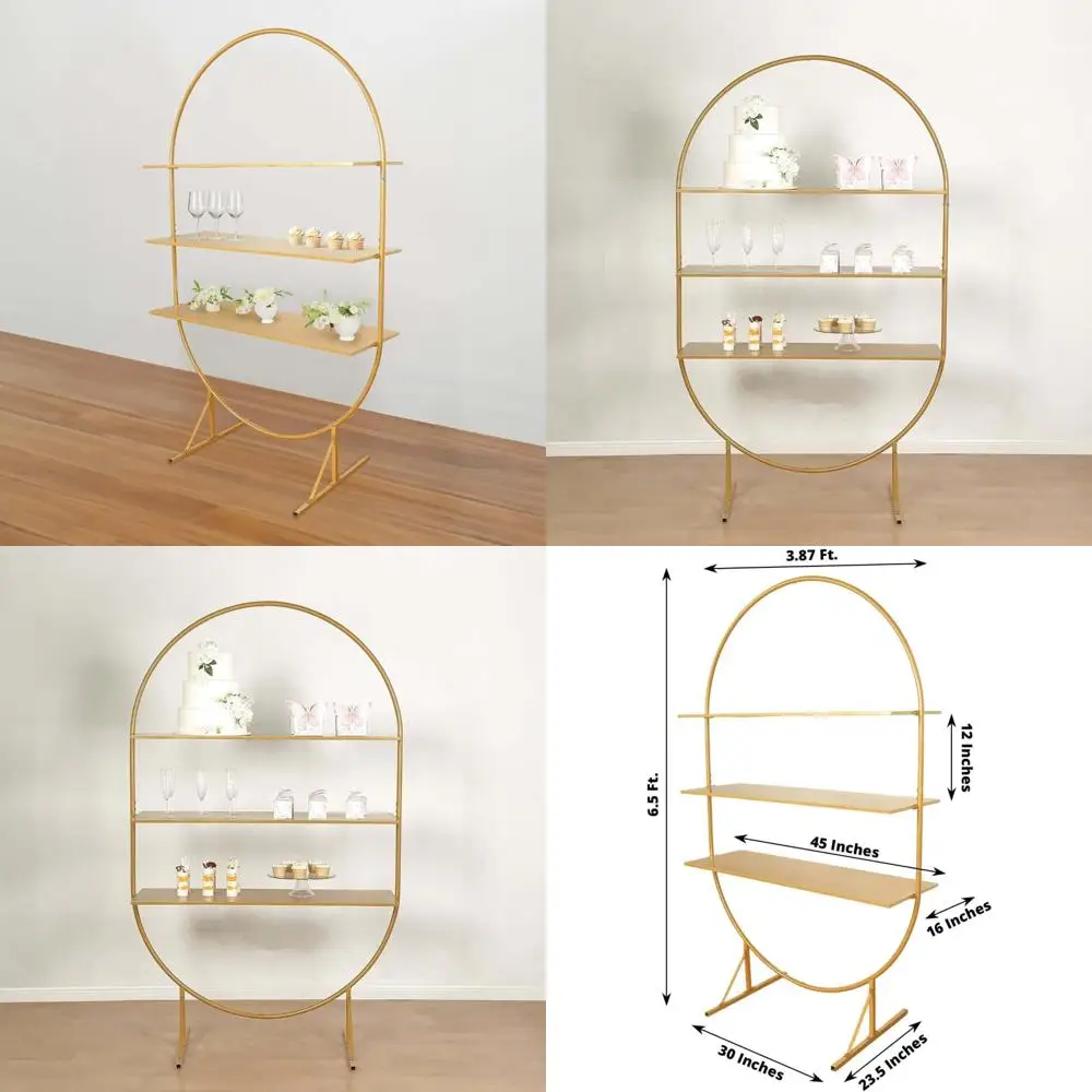 

Large 3-Tier Gold Metal Arch Cupcake and Dessert Floor Standing Display Stand, Oval Cake Stand Shelf Rack - 6.5ft