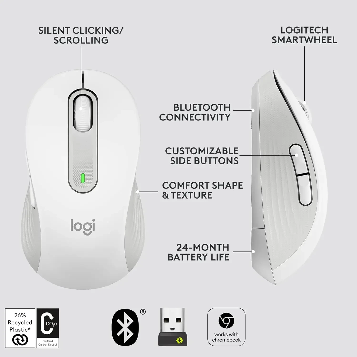 Logitech M650L Silent Wireless Mouse for Designer Large Size Comfort Grip Bluetooth Precise Tracking Mac PC iPad Laptop Mouse
