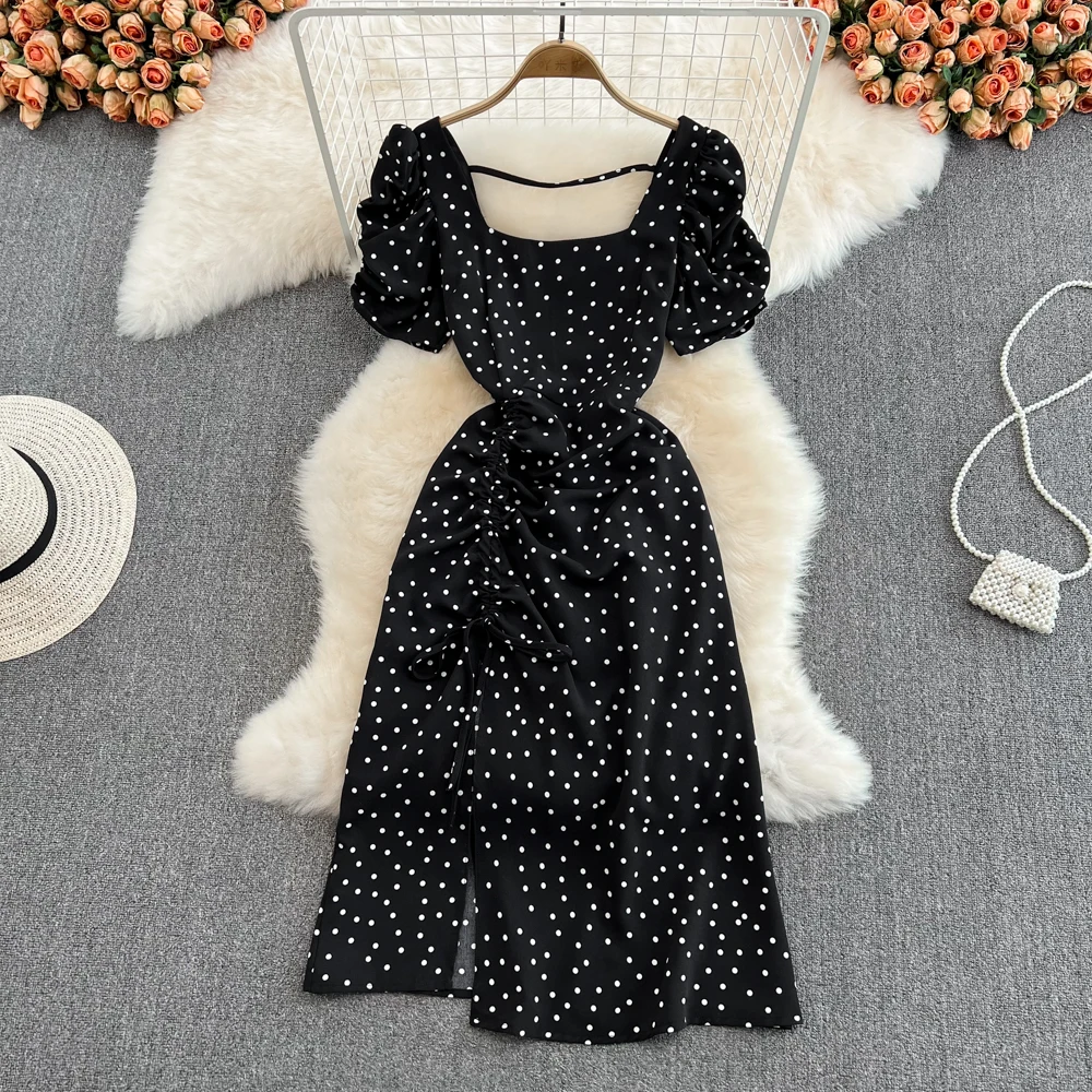 Women\'s Square Collar Drawstring Puff Sleeve Dress Summer Mid Length Slit Polka Dot Vestidos Elegant A-line Female Party Dress