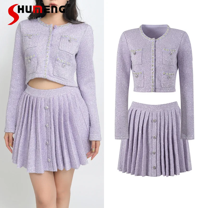 

2023 Spring Autumn New Sequined Crystal Rhinestone Single-Breasted Long Sleeve Pleated Skirt Knitwear Top Socialite 2 Pieces Set