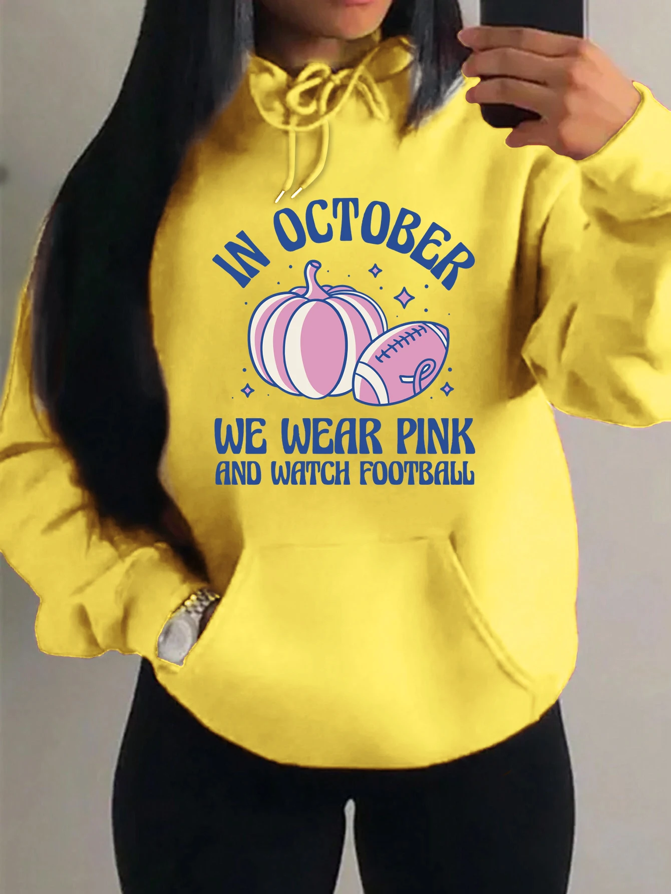 

In October We Wear Pink And Watch Football Creative Prints Women Hoodie Vintage Loose Streetwear Hip Hop Clothes Pocket Pullover