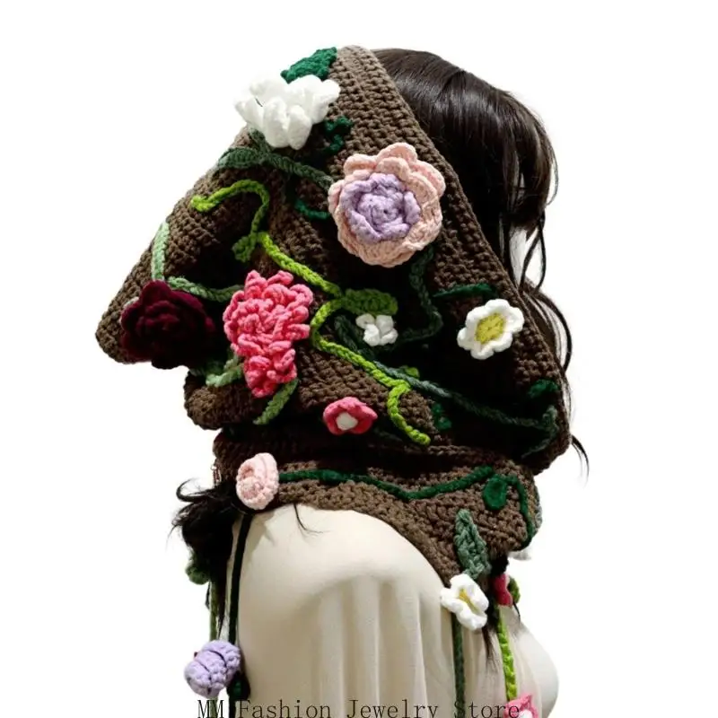 

D0UB Elegant Crochet Hooded Capelet Floral Design Women Fashion Shawl Hat for Outdoor