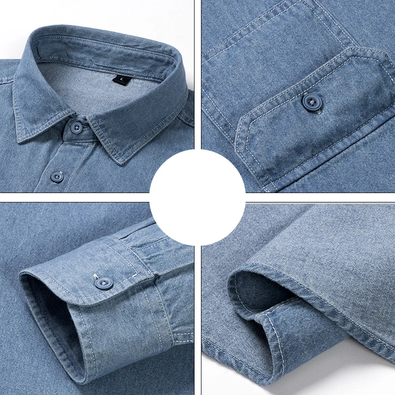 Fashion Pockets Long Sleeved Denim Shirts for Man 2025 New Single Breasted Lapel Collar Casual Jean Shirt Tops
