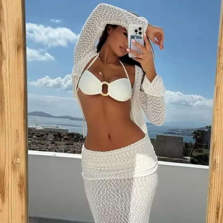 Solid Lace 4 Pcs Set Swimsuit Women Cover-Ups Bikinis  Bandeau Swimming Suit Feamale Mesh Dress Beach Outfits Brazilian Biquini