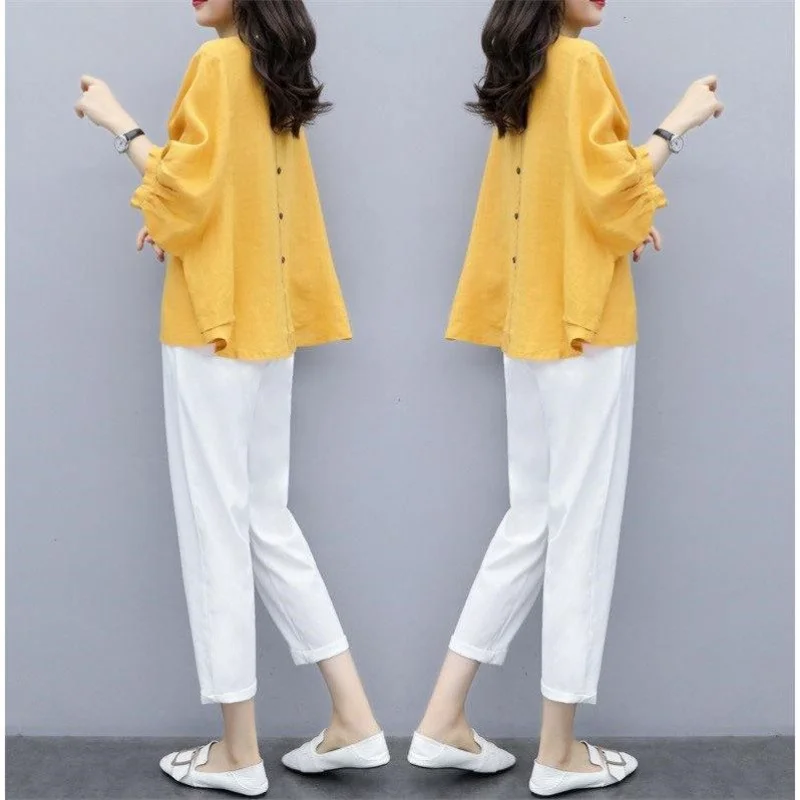 

Vintage Cotton Linen 2pcs Sets Outfits Women Elegant O Neck Top Shirt & Straight Pants Suit 2024 Spring Summer Casual Set Q35