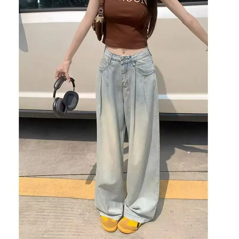 

High Waist Wide Leg Women's Jeans Individual Design Sensation Small Audience Casual Style Button Pocket Zipper Closure Blue D...