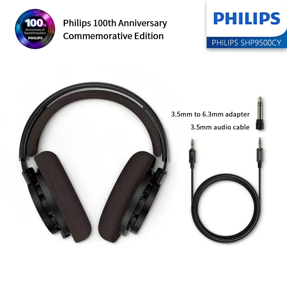 فيليبس SHP9500CY سماعة رأس سلكية مع كابل الصوت 6.3 مللي متر محول HiFi سماعة مراقبة احترافية 100th طبعة تذكارية