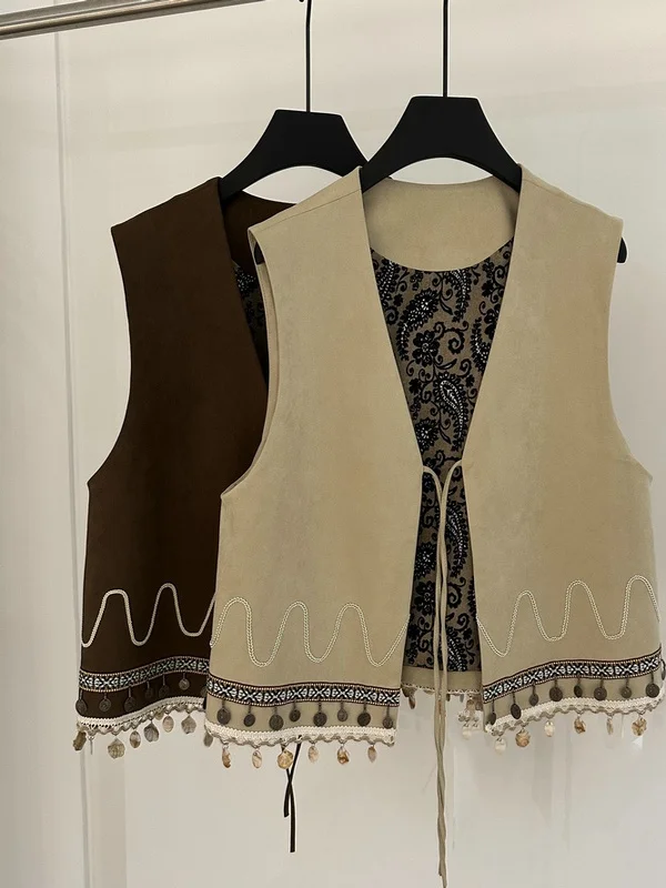 

Женский модный весенний жилет из бархата с тяжелой вышивкой, узором в виде грецкого ореха, поясом, завязками и бахромой, в повседневном стиле