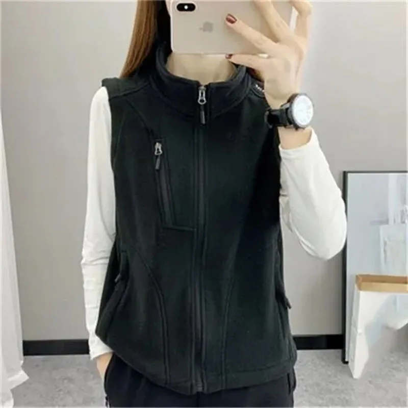 Wiosna Jesień Damska Nowa Bluza Bez Rękawów z Polaru na Zamek Błyskawiczny Modna Damska Krótka Kamizelka Kurtka Damska Duży Rozmiar 4XL Bezrękawnik Płaszcz