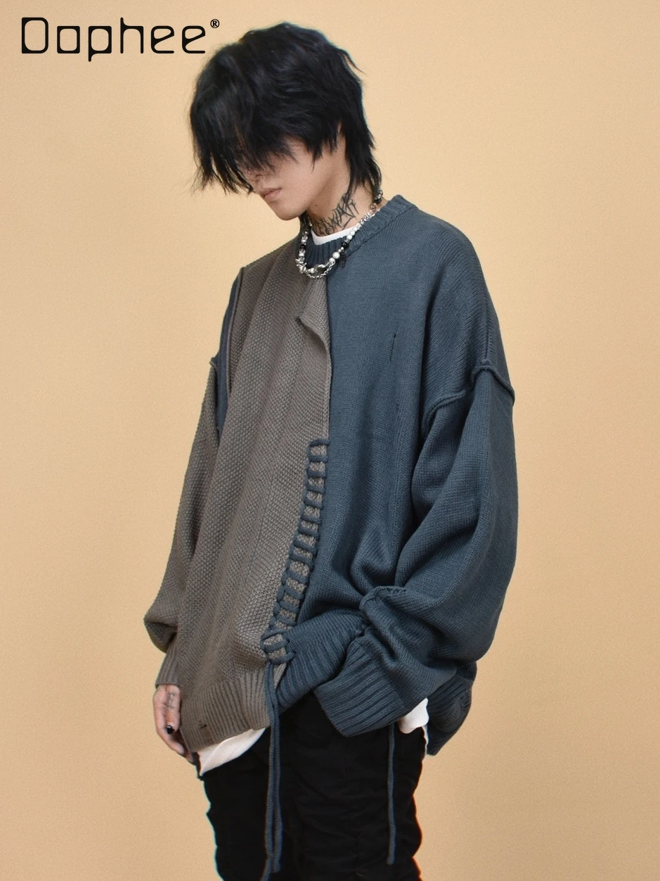 

Spring and Autumn New Irregular Black and Green Patchwork Round Neck Sweater American High Street Men's Gray Knitted Sweater