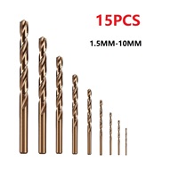 15Pcs Hss contain Roasted yellow straight shank twist drill1.5-10mm high speed steel full grinding hole opening tool set