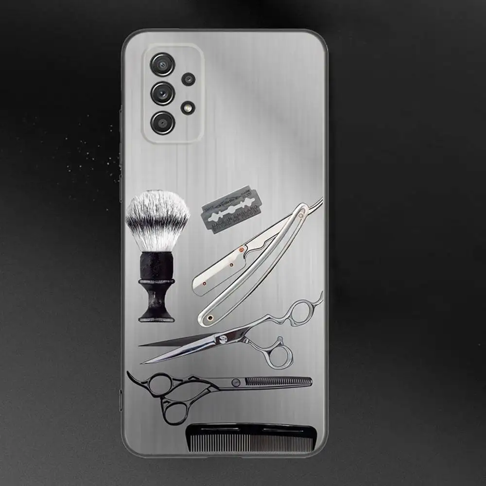 Etui na telefon do Samsung Galaxy A 91, 80, 73, 72, 71, 53, 52, 51, 22, 5G, odporne na wstrząsy, miękkie, czarne, z motywem fryzjerskim i narzędzi fryzjerskich.