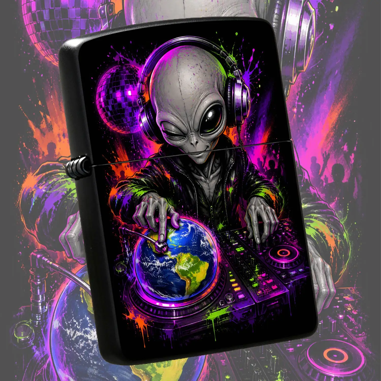 Creative Alien Dj Spinning Earth Lighter, Vibrant Neon Cyber Splash Art Pattern, Portable Trendy Daily Use Item, Ideal For Party Gathering Gifting, Unique Fun Atmospheric Stylish Practical Accessory For All Scenarios A Humorous And Interest