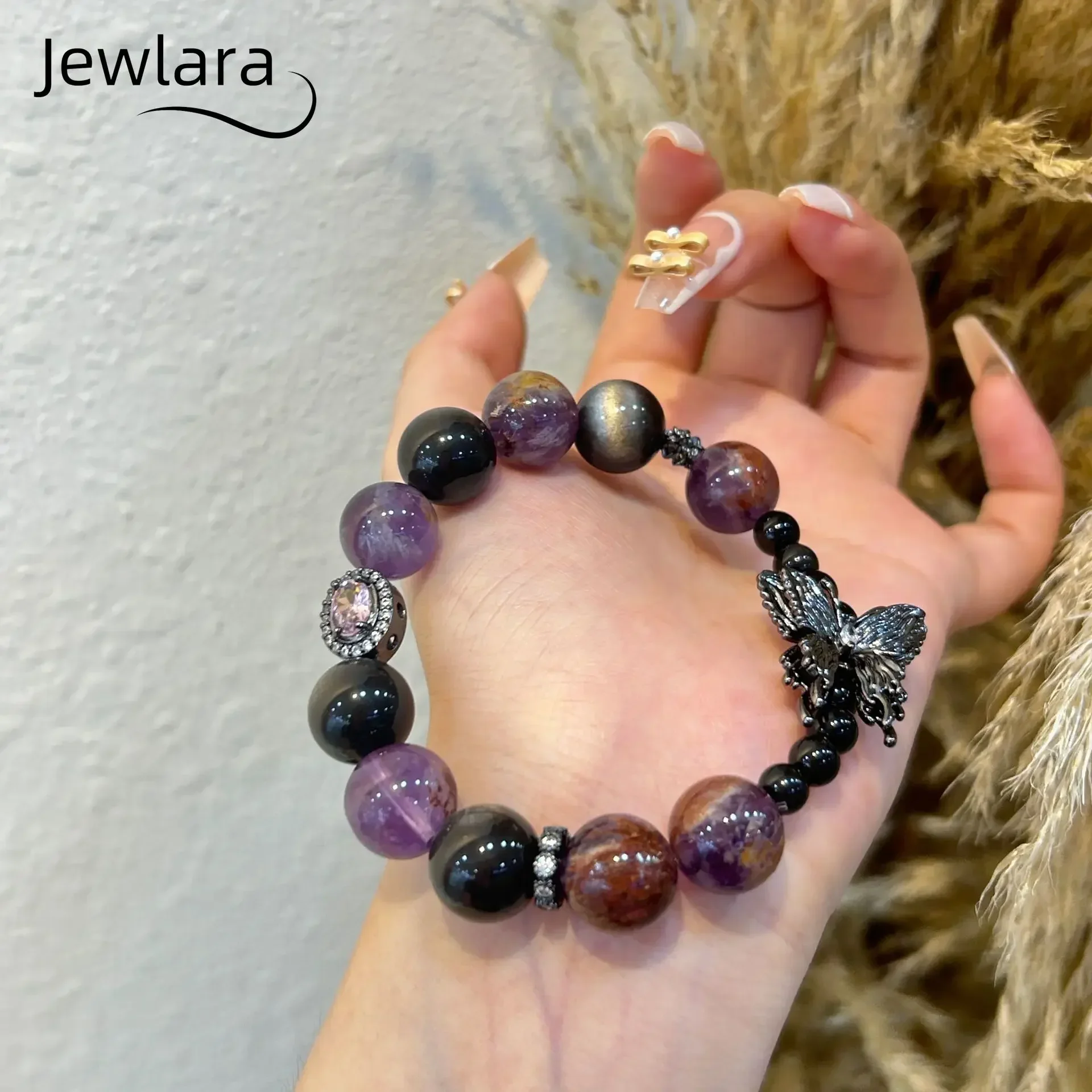 JEWLARA Jewelry Natural Purple Ghost Obsidian Crystal Butterfly Bracelet Girls Large Granular Personality Niche Crystal Beads