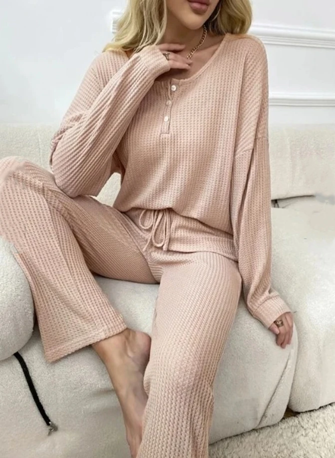 Womens Two Piece Sets Outfit Waffle Knit Top Tie Up Pants Pajama Set 2023 Autumn Winter Spring New Fashion Casual Home Suit