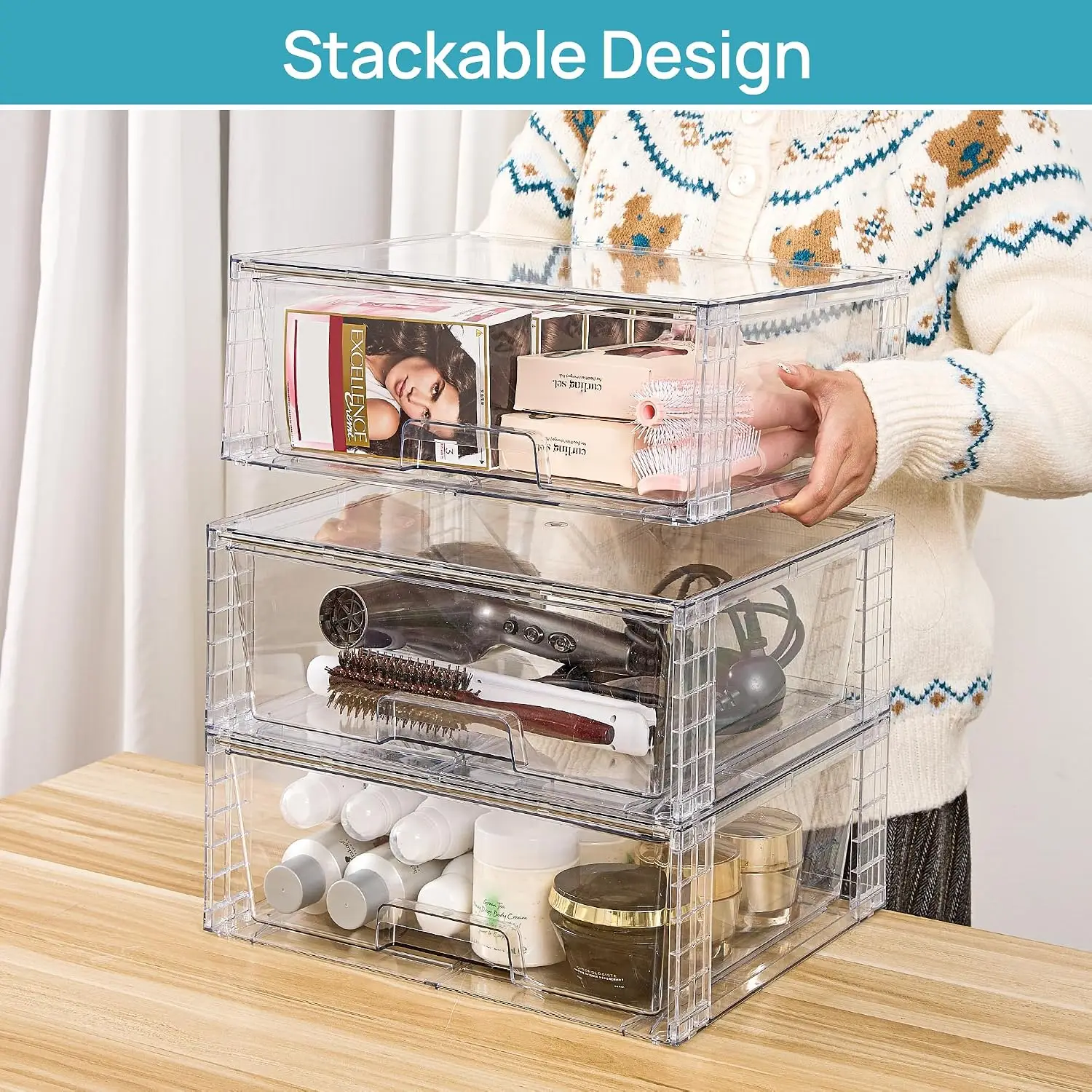 6 Pack Large Clear Stackable Storage Drawers for Closet, Pantry