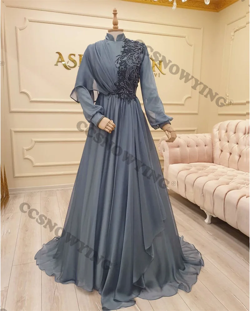 Chiffon Appliques Muslim Hijab Evening Dresses Arabic Dubai Long Sleeve High Neck Formal Party Gown A Line Moroccan Caftan