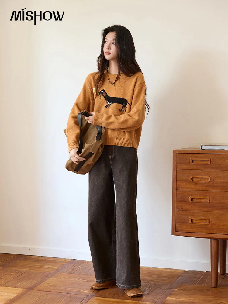 MISHOW Oranje Ronde Hals Trui voor Vrouwen 2025, Herfst Winter Nieuwe Worst Hond Cartoon Jacquard Losse Casual Kint Top MXE48Z2578