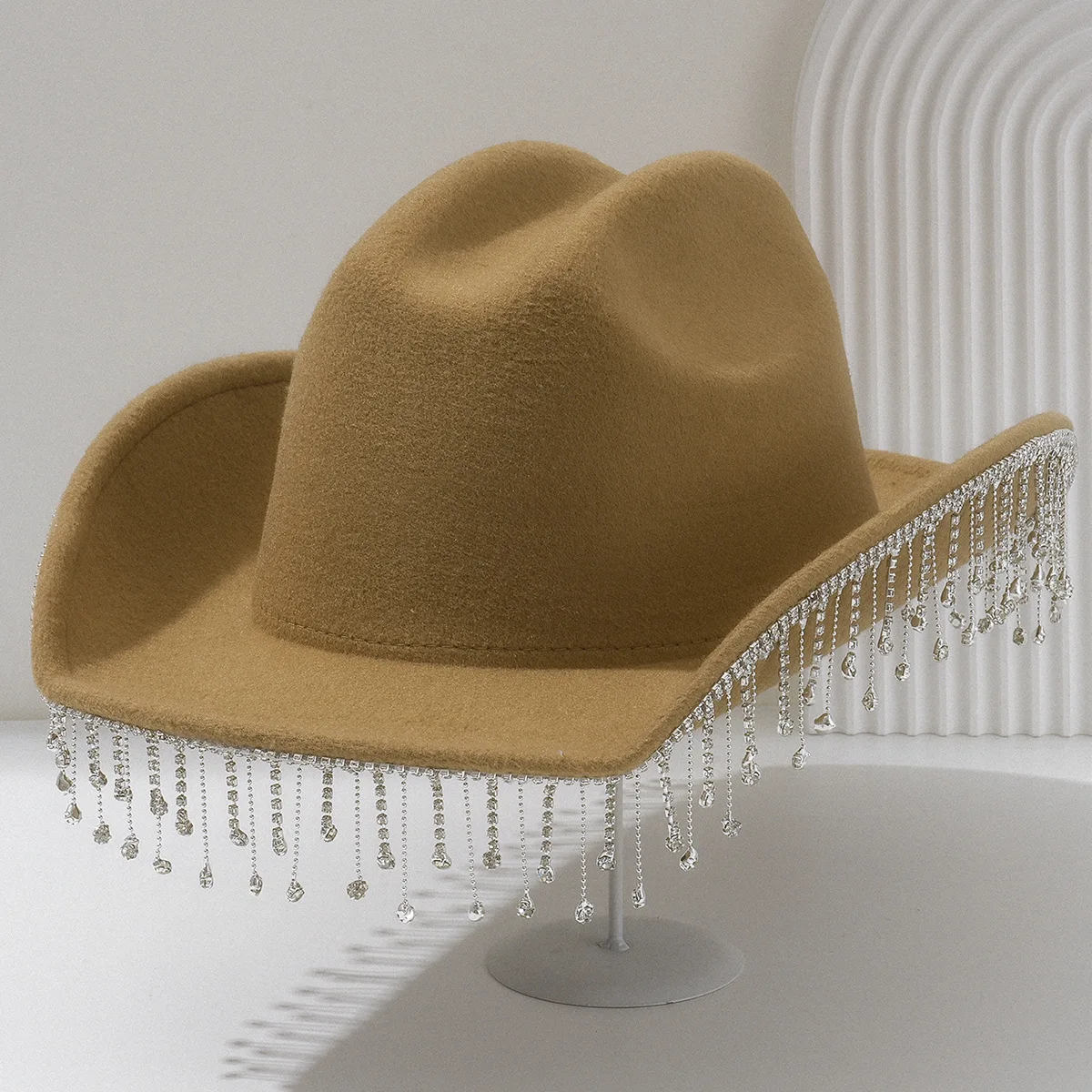 Western-Cowboyhut aus Filz mit Quaste, Sonnenhut mit großer Krempe, großer Kopfumfang, warmer Zylinder, britischer Damenhut – Detail 3
