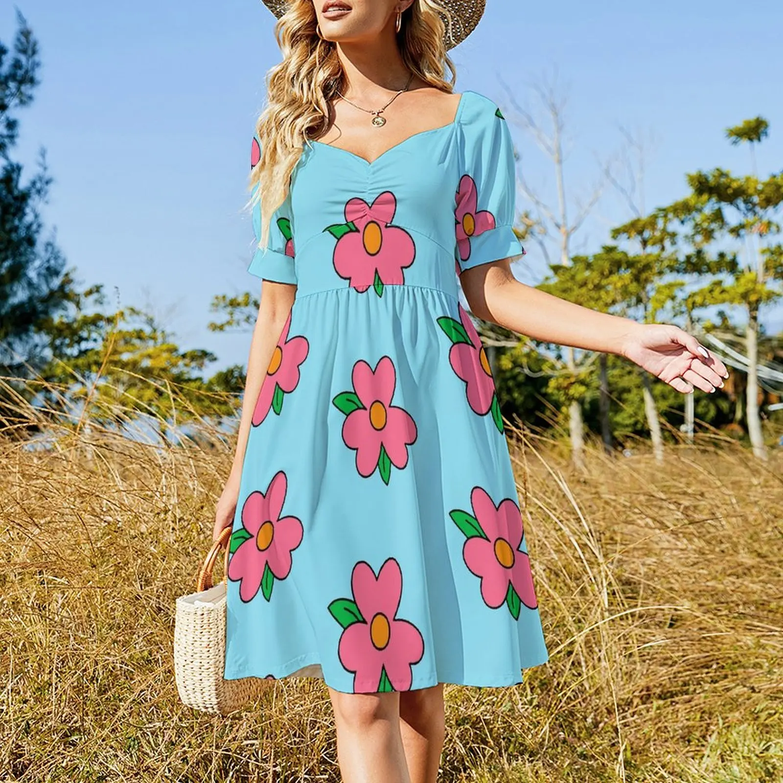 Fat Homer blue Dress Pattern big flower Short Sleeved Dress summer women's dress 2025 long sleeve