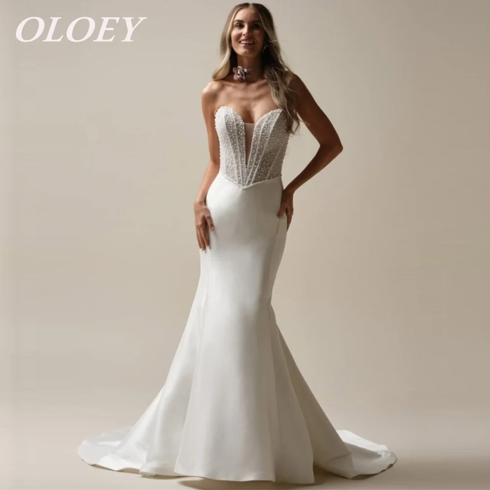 

OLOEY Luxury Pearls Mermaid Wedding Dress With Detached Satin Train Sweetheart Neck Bridal Gown Brides Customized