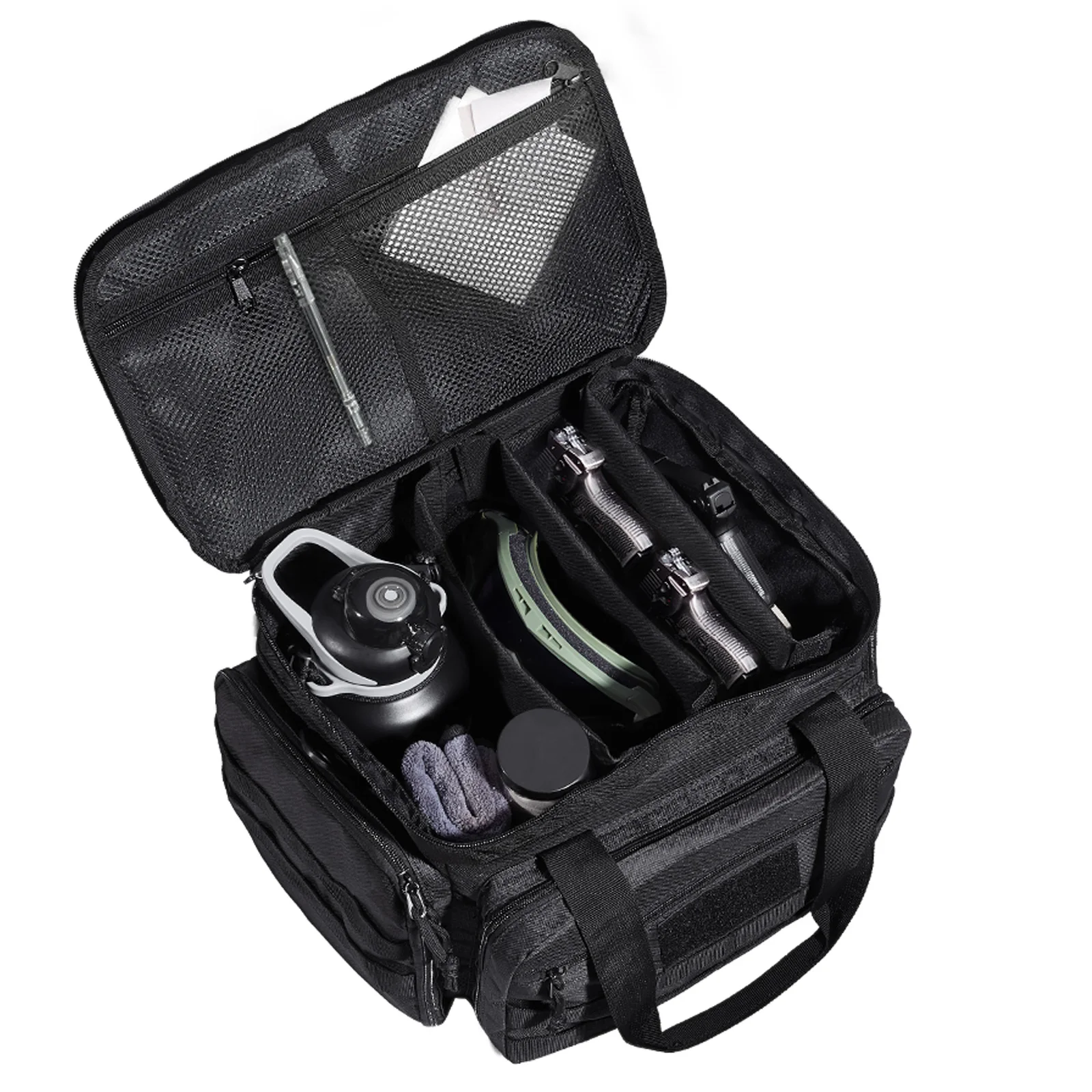 Range Bag for 4 Pistols, Tactical Gun Range Bag with 3 Detachable Baffles & 6 Magazines, Firearm Shooting Handgun Bag for Outdoor Hunting Shooting Pistol Bag with Single Shoulder Strip, Black