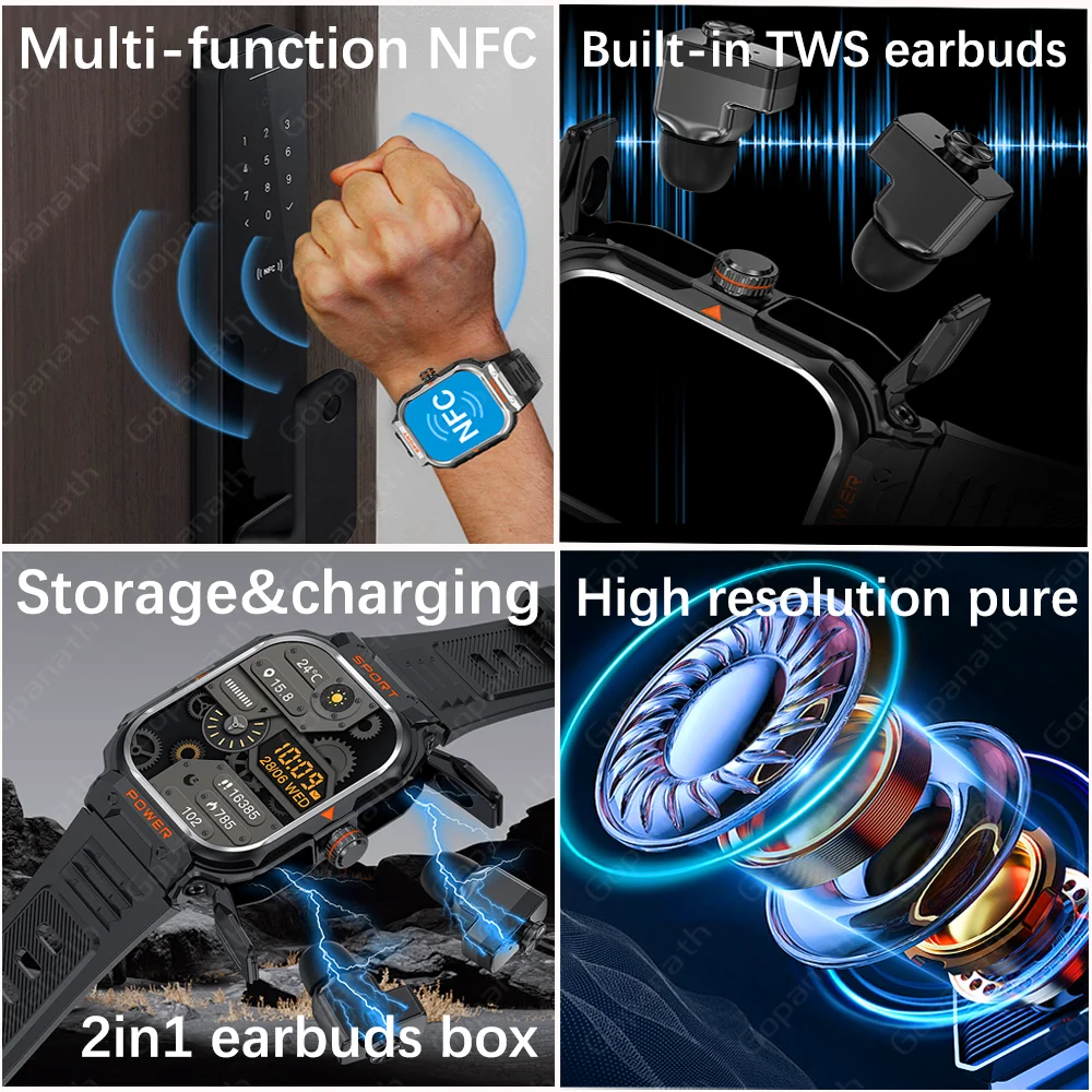 NFC Headset Smart Watch 2 in 1 TWS Wireless Headphone Local Music Call Men SmartWatch Health Monitoring Waterproof Sports Watch