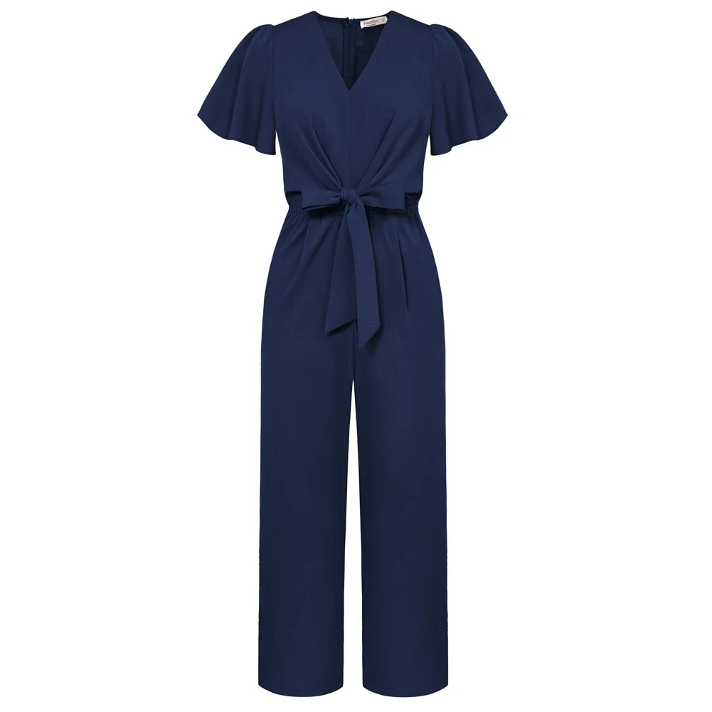 Jasambac Women Straight Leg Jumpsuit Short Sleeve V-Neck Elastic Waist  Fashionable Design Jumpsuit And Hidden Zip At Back