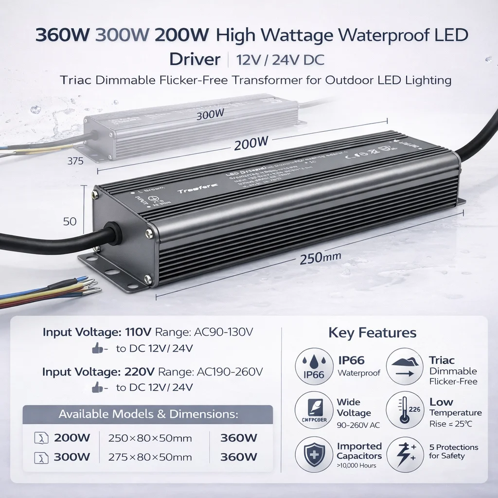 Dimmable Lighting Transformer Outdoor Garden IP66 Triac Power Supply AC 120V 240V to DC 12V 24V 80W 150W 200W Driver Adapter