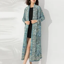 Miyake Pleated Turndown Collar Vintage Printed Long Sleeve Dress Women 2024 New Original Designer Abaya Fashion Classical Coats