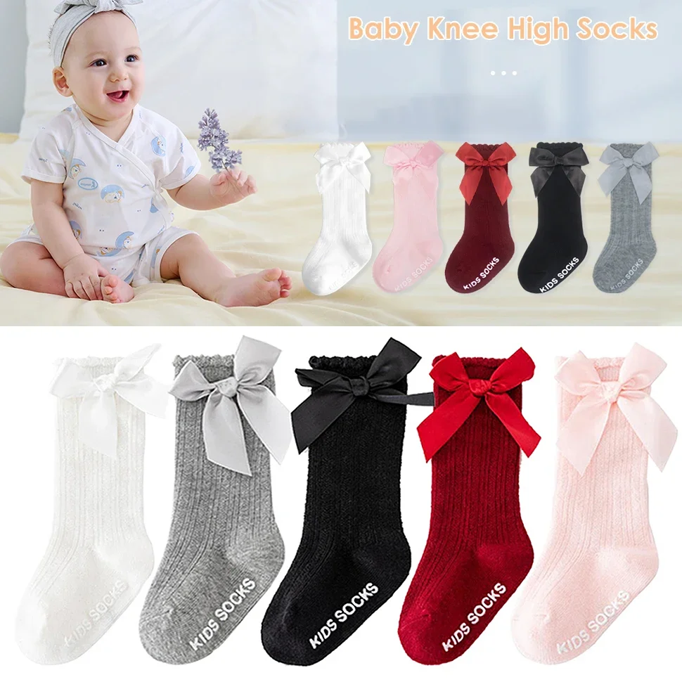 

New Born Baby Girls Socks Spring Summer Autumn Non Slip Floor Crawling Sock Cute Big Bow Knee High Long Stockings for Toddlers