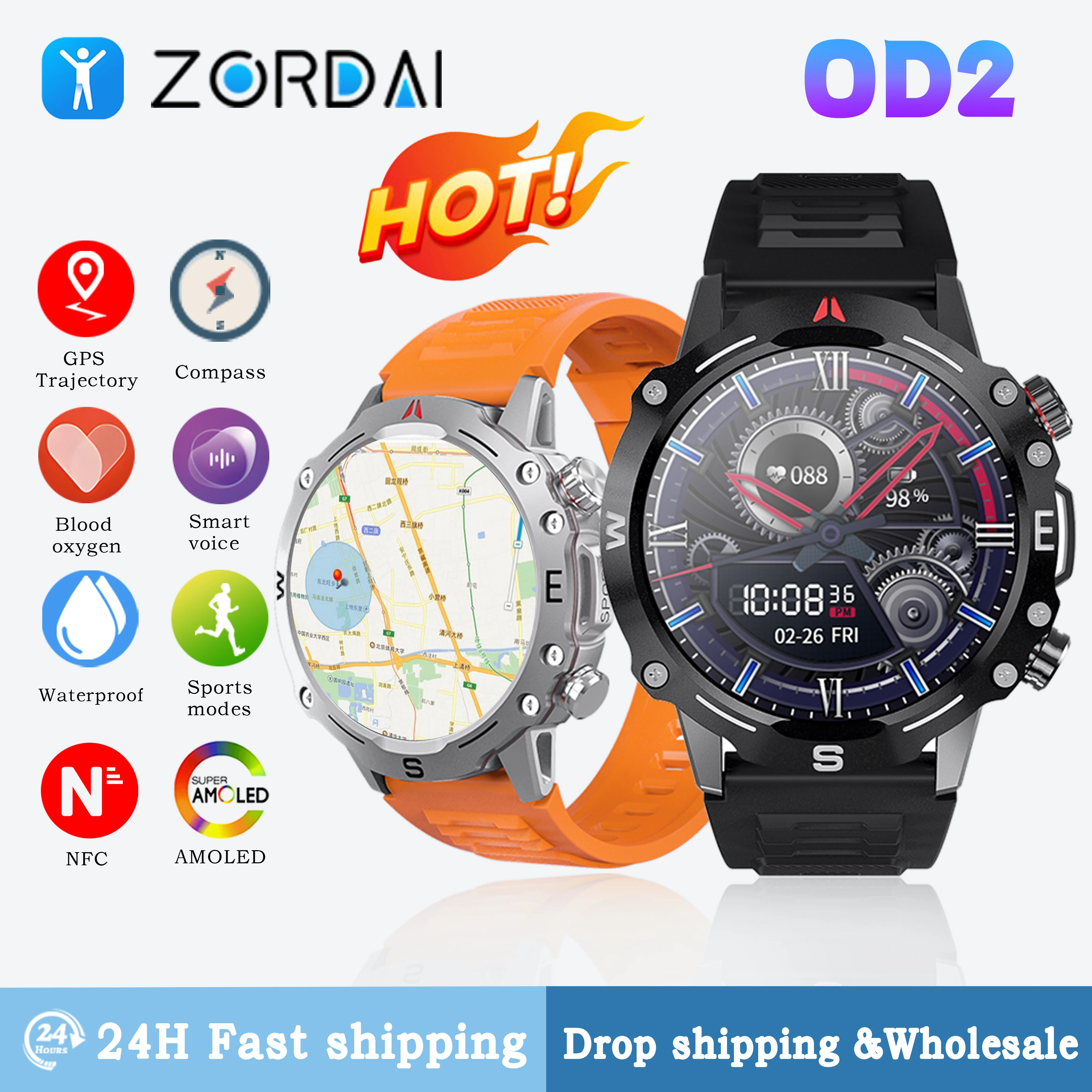 

Zordai OD2 Smart Watch 1.5inch IP68 Waterproof Bluetooth Call Compass NFC GPS Tracker Sports Outdoor Fitness Smartwatch for Men