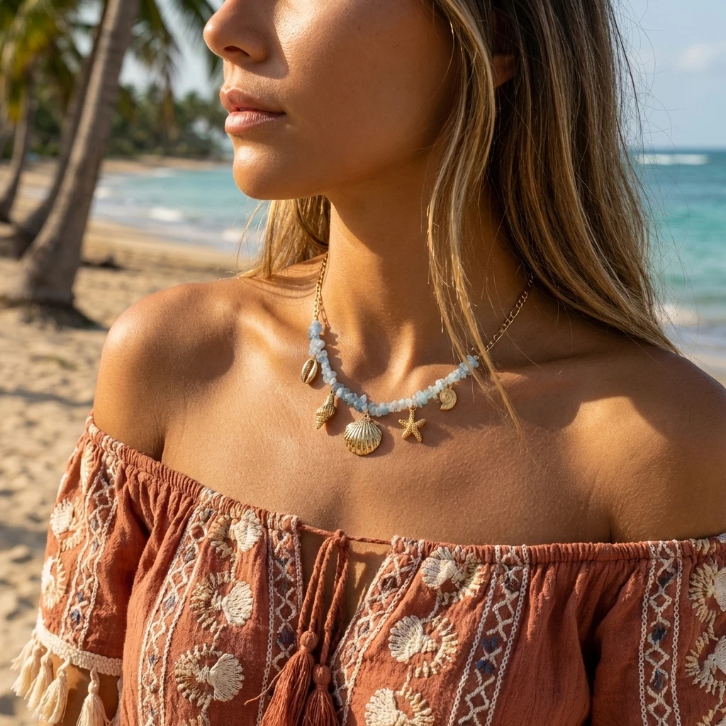 Boho Y2K Süße Muschel-Seestern-Halskette für Frauen, Blaue Unregelmäßige Kiesel-Muschel-Anhänger, Ästhetischer Schmuck, Partygeschenk – Detail 3