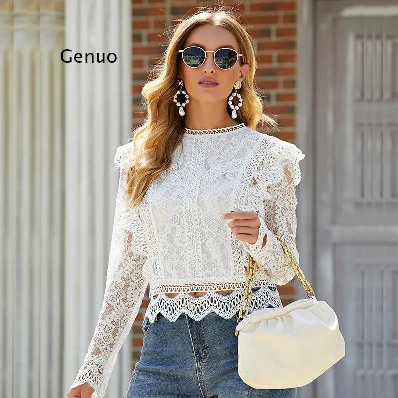 2022 Spring New Women's Temperament Bottomed Lace Fir Hollow Lace Long Sleeved Shirt Sexy Niche Personalized Top