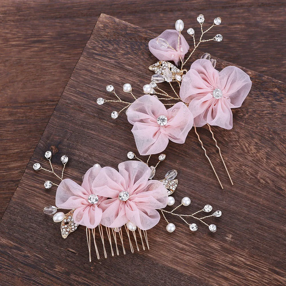Pink Yarn Flower Wreath Girl Headband Hair Jewelry Pearl Women Tiaras Headpiece Women Wedding Hair Piece Accessories FORSEVEN