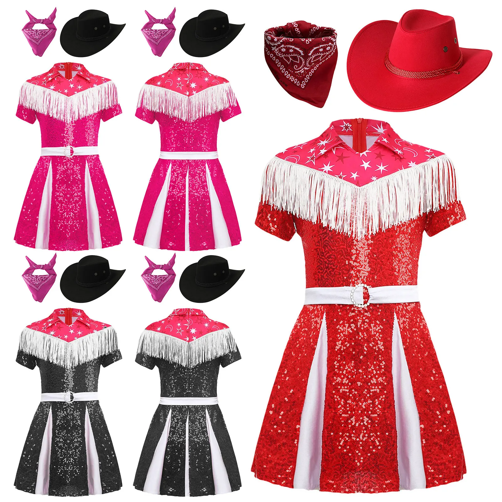 Dziewczyna 3 szt. Western Cowgirl przebranie na karnawał cekiny plisowana sukienka z kowbojskim kapeluszem + bandanna na boże narodzenie Halloween element ubioru