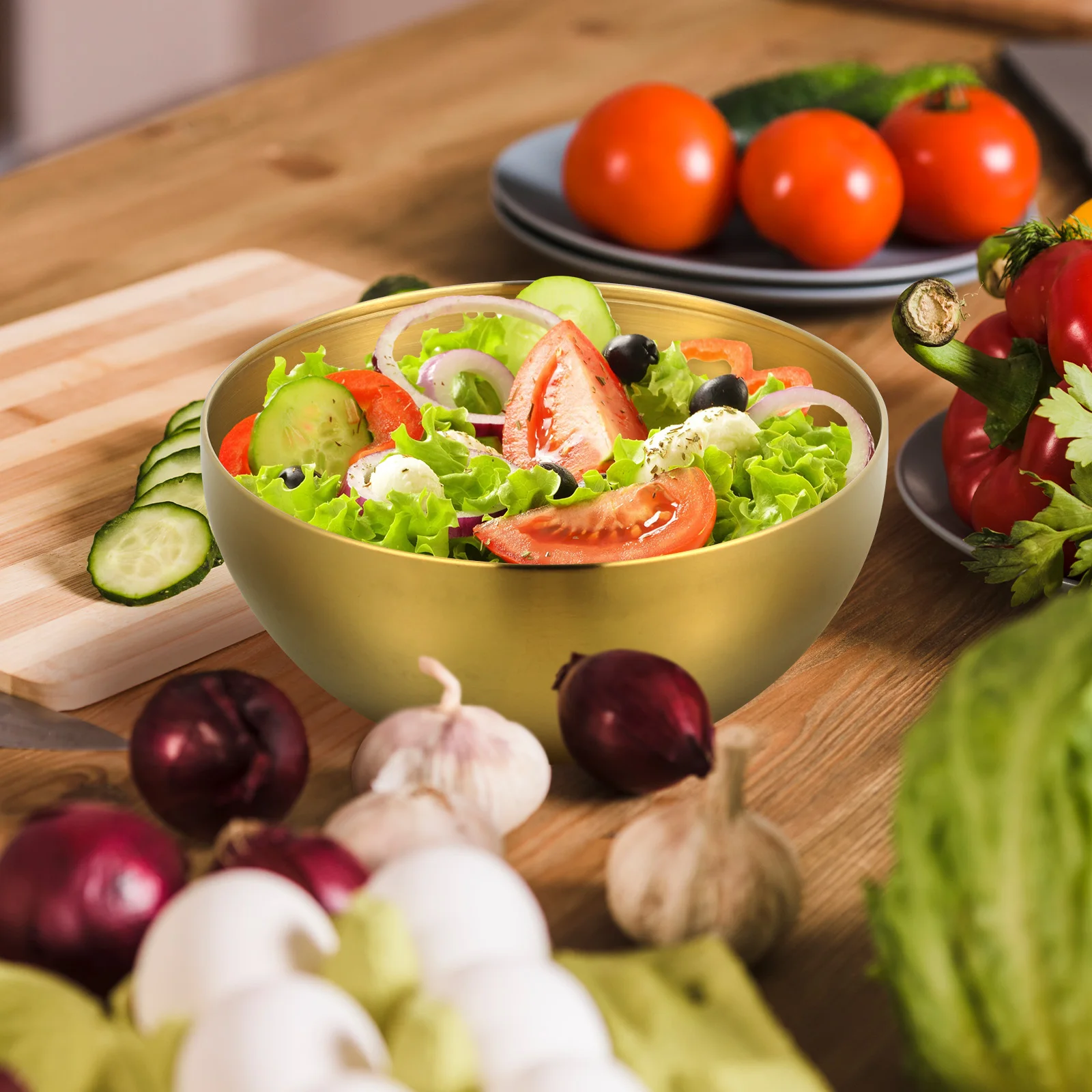 

2 Pcs 15cm Gold Salad Bowl Stainless Steel Multi functional Food Container for Rice Noodle Fruit Vegetable Soup Kitchen