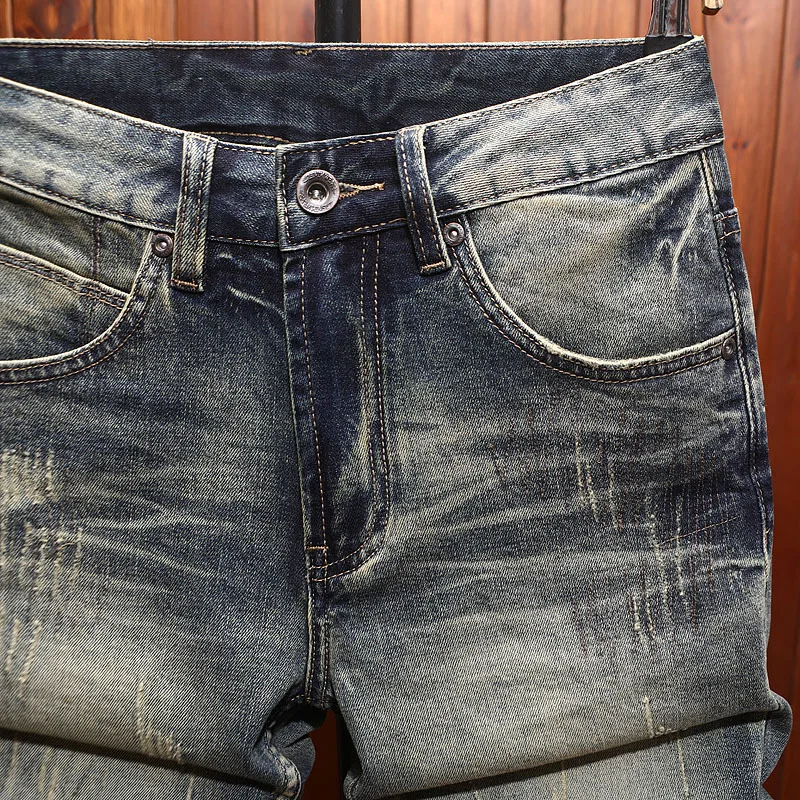 Trendy brand high-end denim shorts men's summer retro nostalgic blue stretch trendy street denim five quarter pants