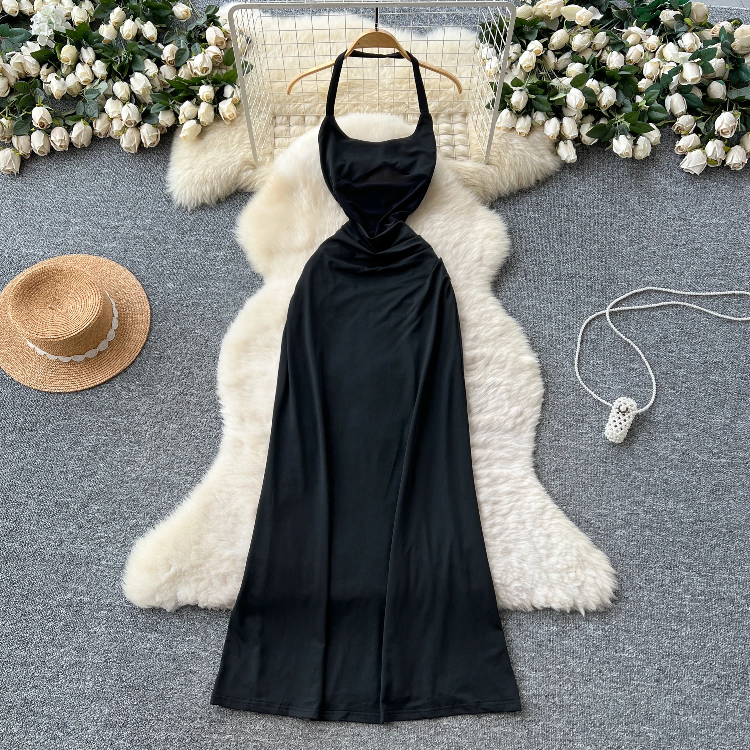 Chic vintage sexy halter backless solido sottile Elegante fata moda coreana Boho Sundress abbigliamento donna Abito lungo