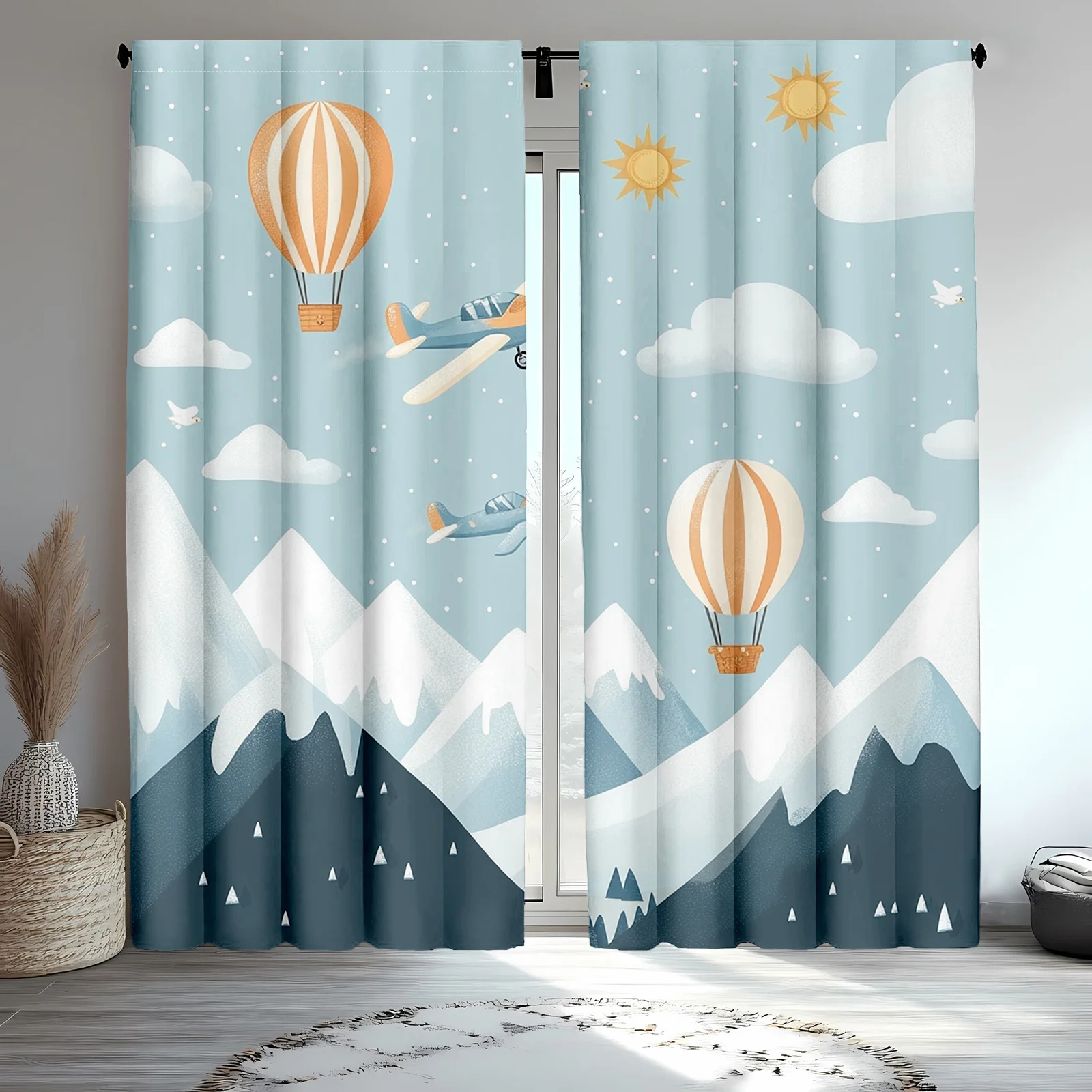 Whimsical Hot Air Balloon Sky Curtain Window Drapes Cloud Nursery Kids Room Decor Bohemian Aesthetic Home Accent