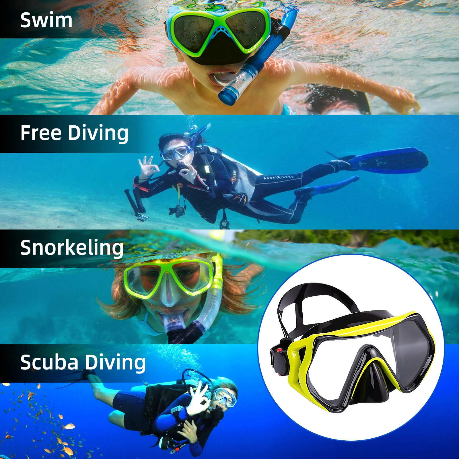 TUDIVING-Scuba Diving Mask for Adults, Professional Anti-Fog Anti-Leak Swim Goggles, Free Diving Mask, Snorkeling Swimming Mask