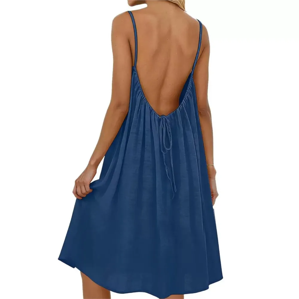 

Solid Color Pleated Suspender Dress Summer Women's New Beach Vacation Loose Sexy Backless Mid-length Dress Ropa Mujer Vestidos