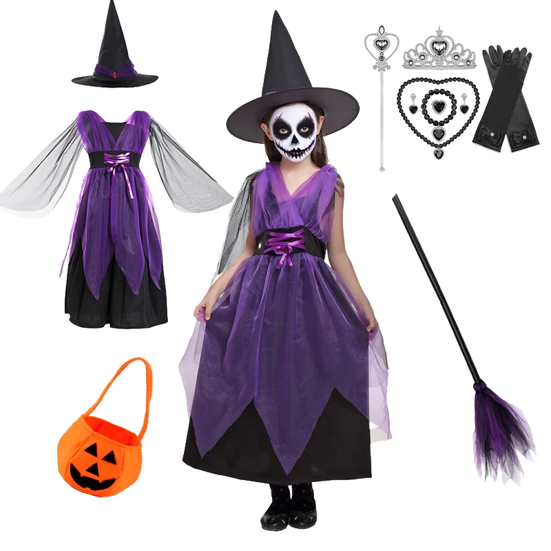 

6 Styles Girls Halloween Witch Costume Kids Cosplay Bat Ghost Bride Little Red Riding Hood Dress Kids Carnival Party Clothes