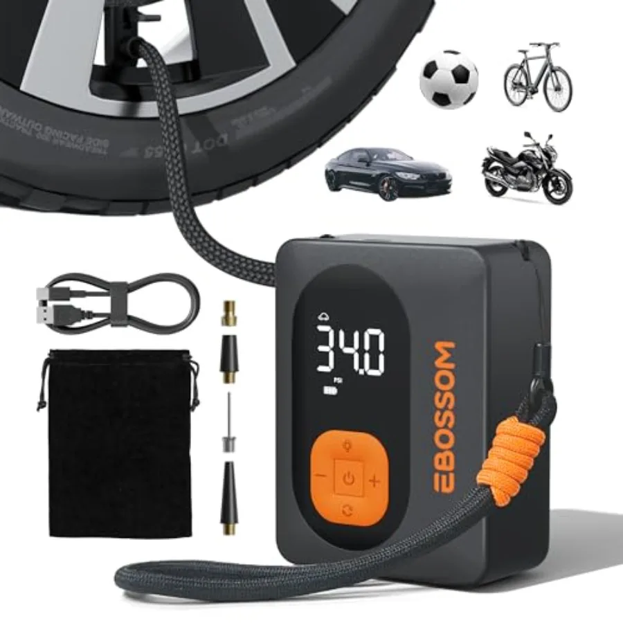 

Tire Inflator Portable Air Compressor Cordless Bike Pump with Digital Dual Values Display 130 PSI Car Tires Pump with LED Light